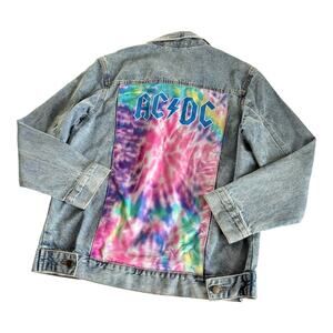 AC/DC Licensed Tie Dye Logo Denim Jean Jacket Trucker Women’s Large Cotton